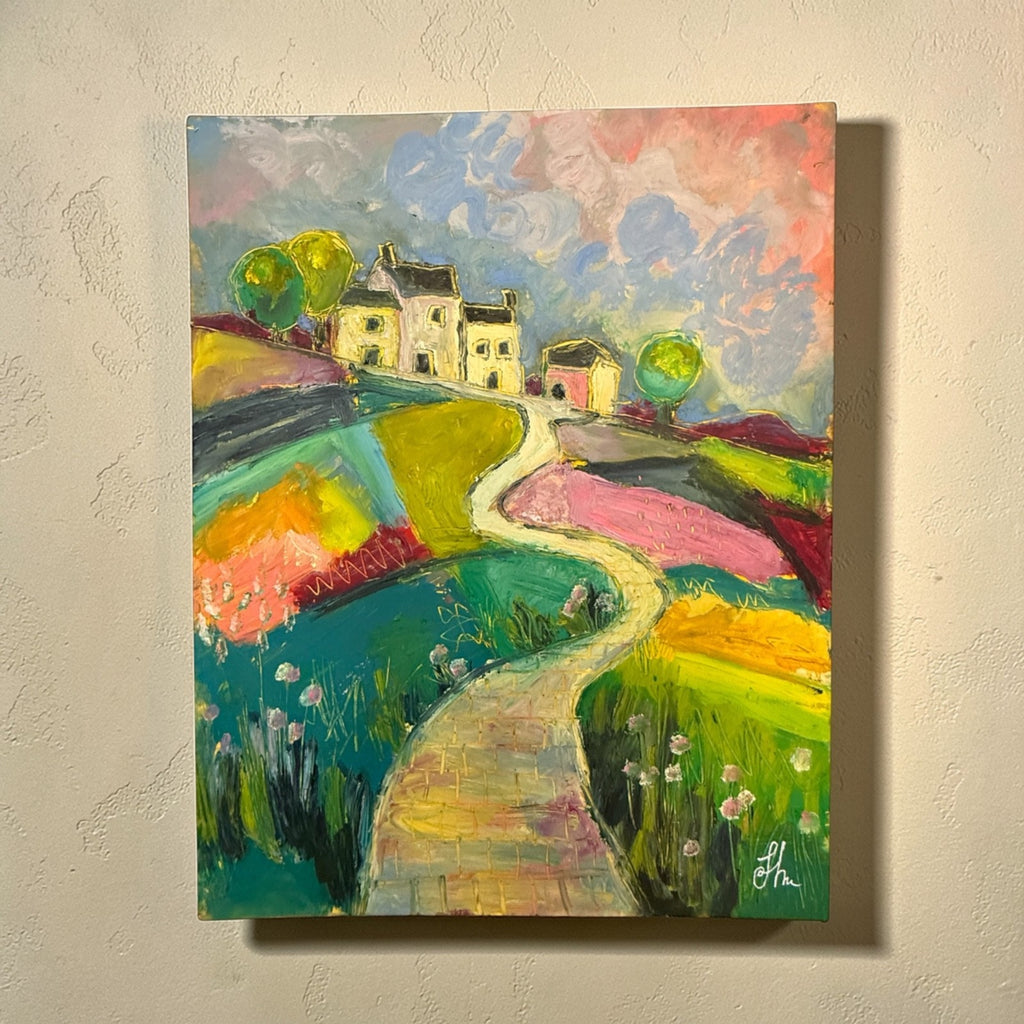 Original Oil Painting 11x14 Colorful Landscape Village Path Houses Signed