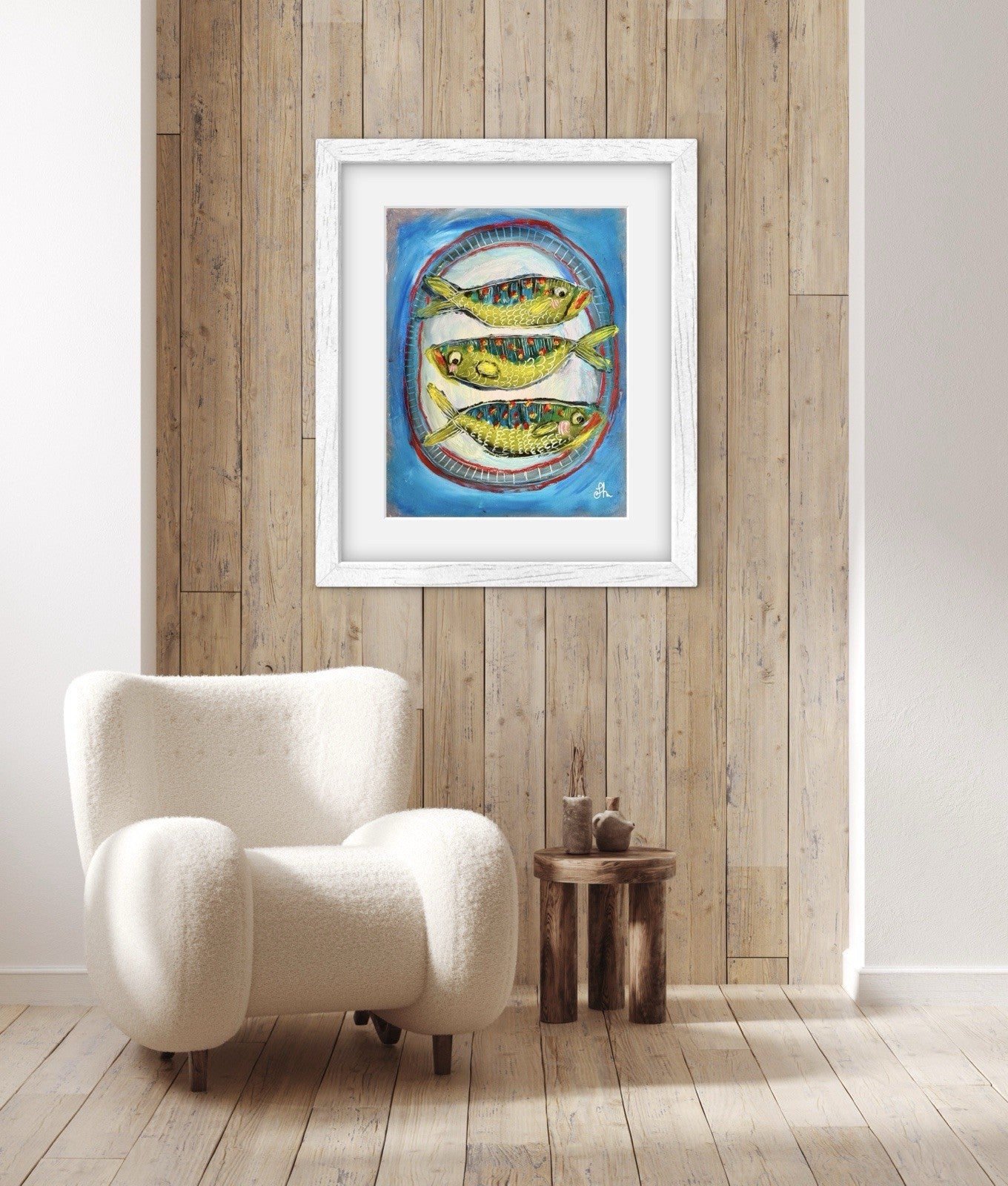 Original Oil Painting Signed  Paper Fish on a Plate Food Kitchen Cute Art 11x14