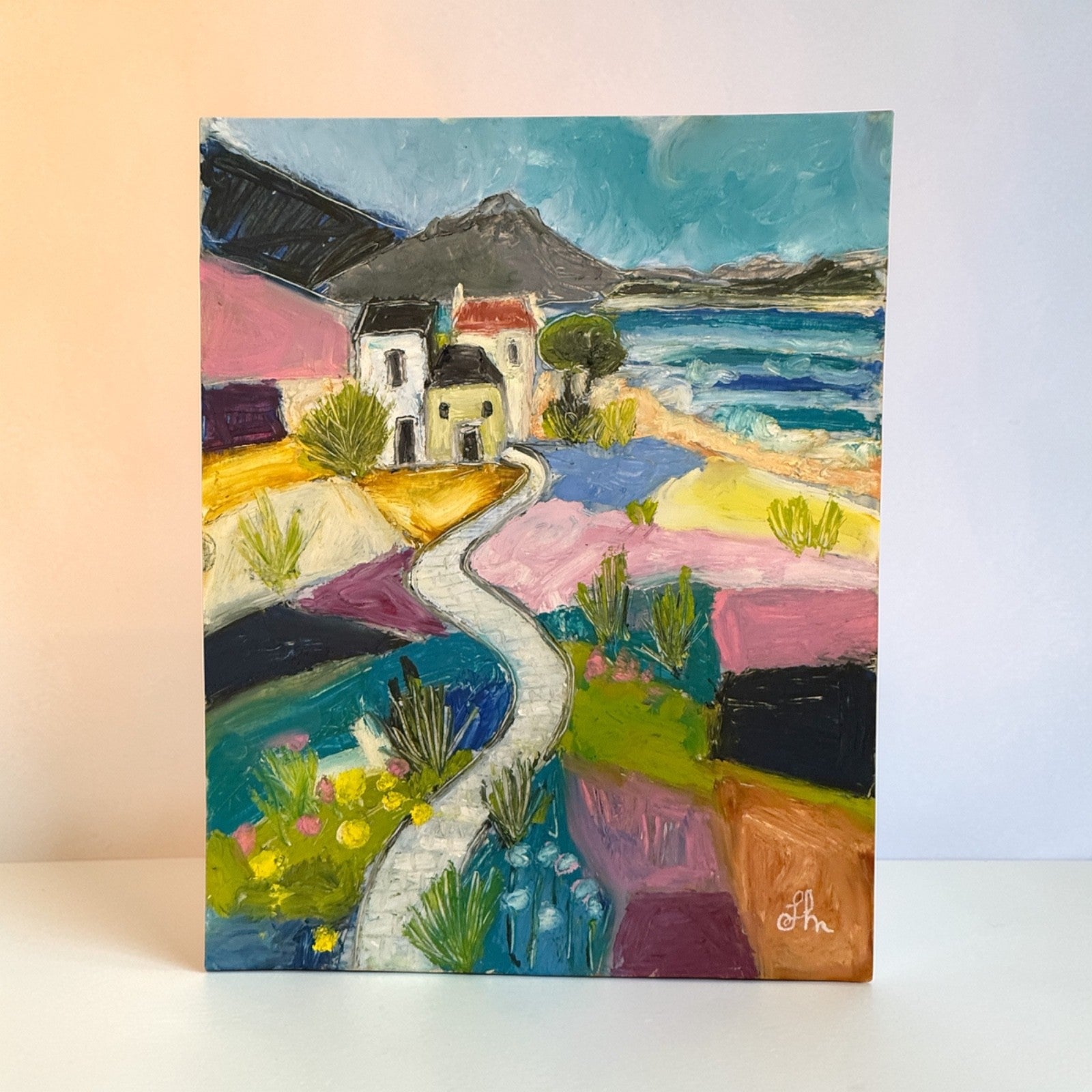 Original Oil Painting 11x14 Colorful Coastal Landscape Village Path Signed