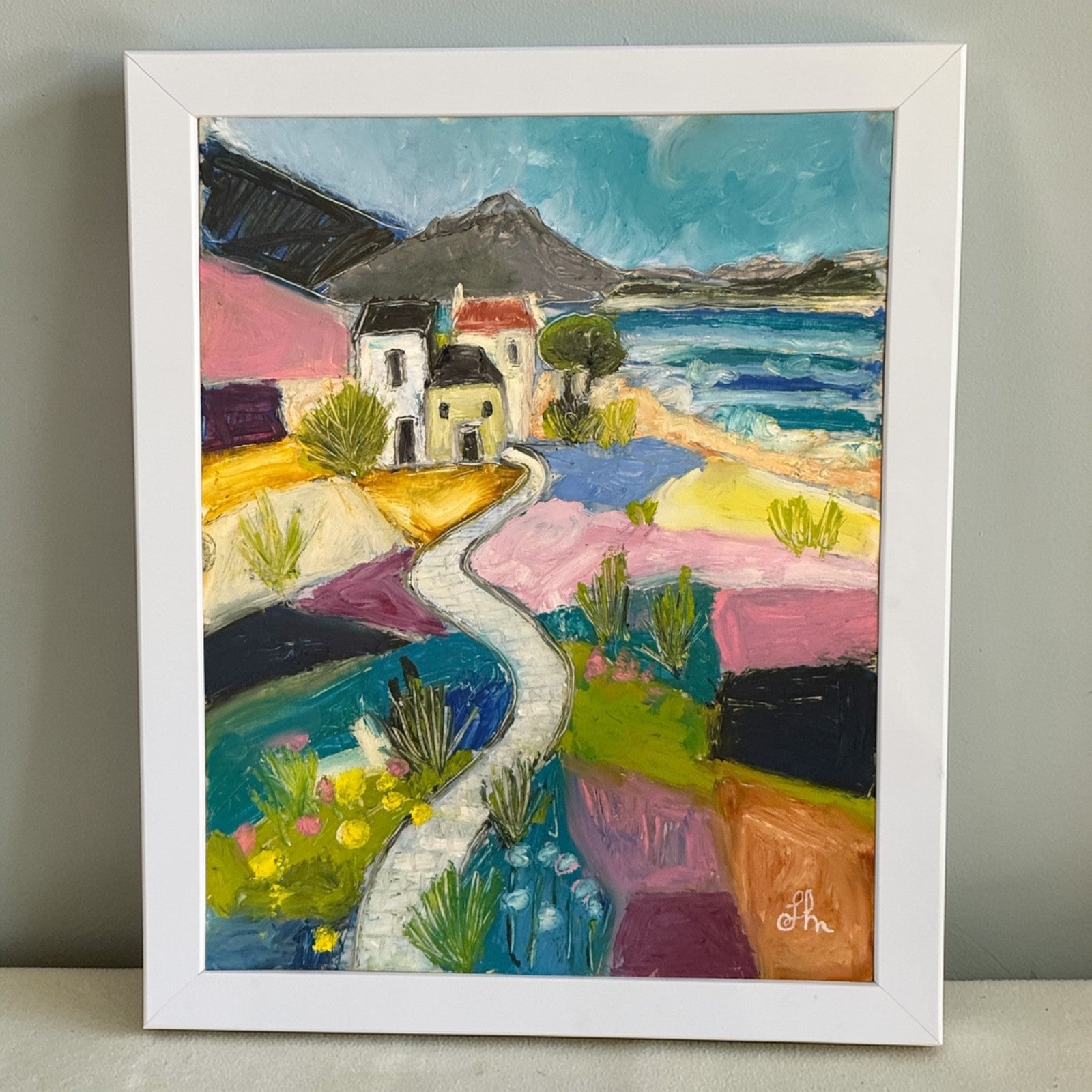 Original Oil Painting 11x14 Colorful Coastal Landscape Village Path Signed