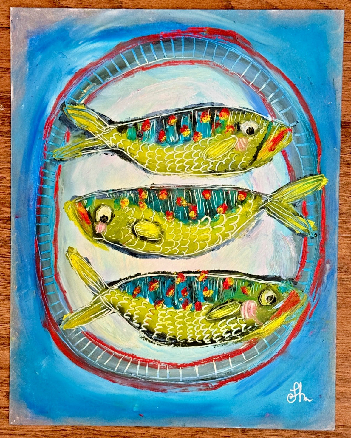Original Oil Painting Signed  Paper Fish on a Plate Food Kitchen Cute Art 11x14