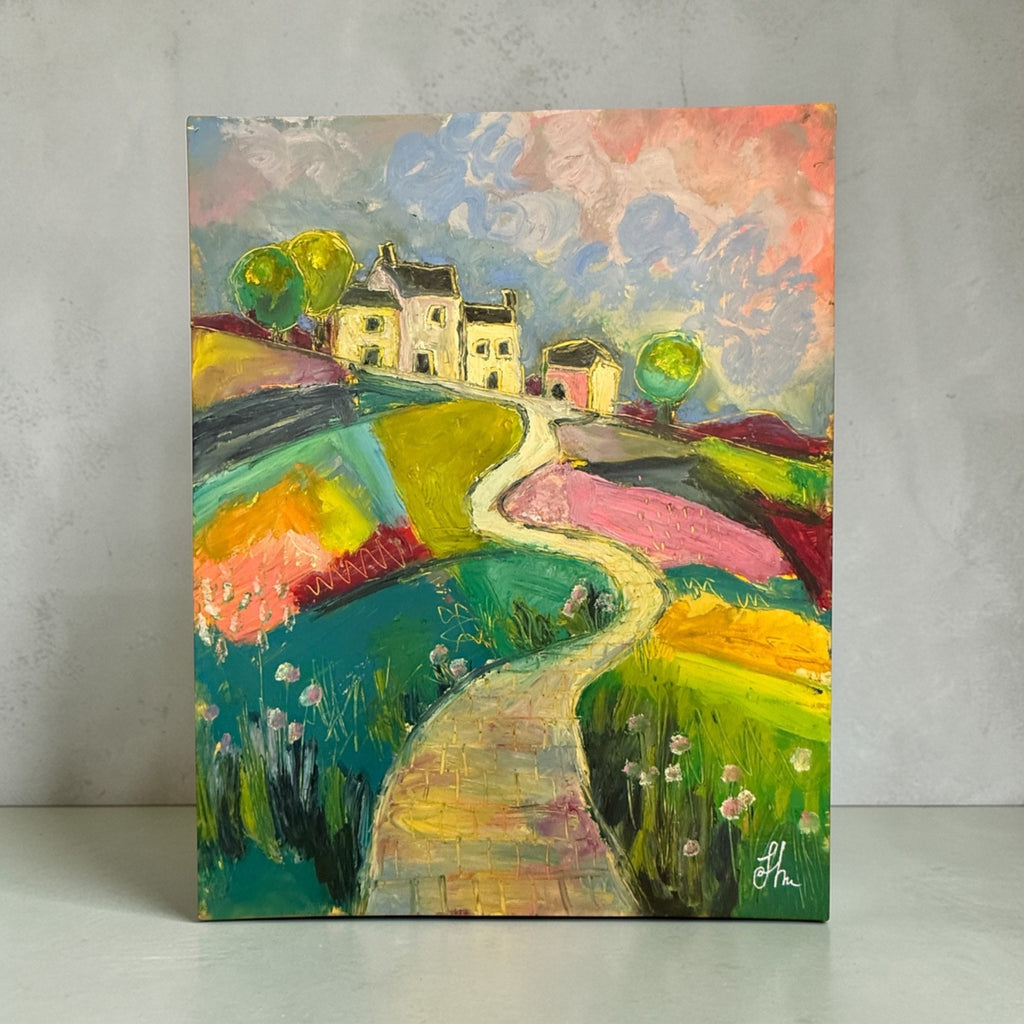 Original Oil Painting 11x14 Colorful Landscape Village Path Houses Signed
