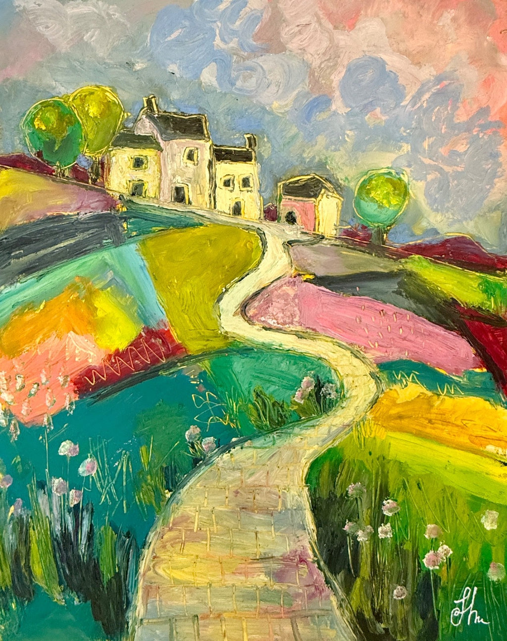 Original Oil Painting 11x14 Colorful Landscape Village Path Houses Signed
