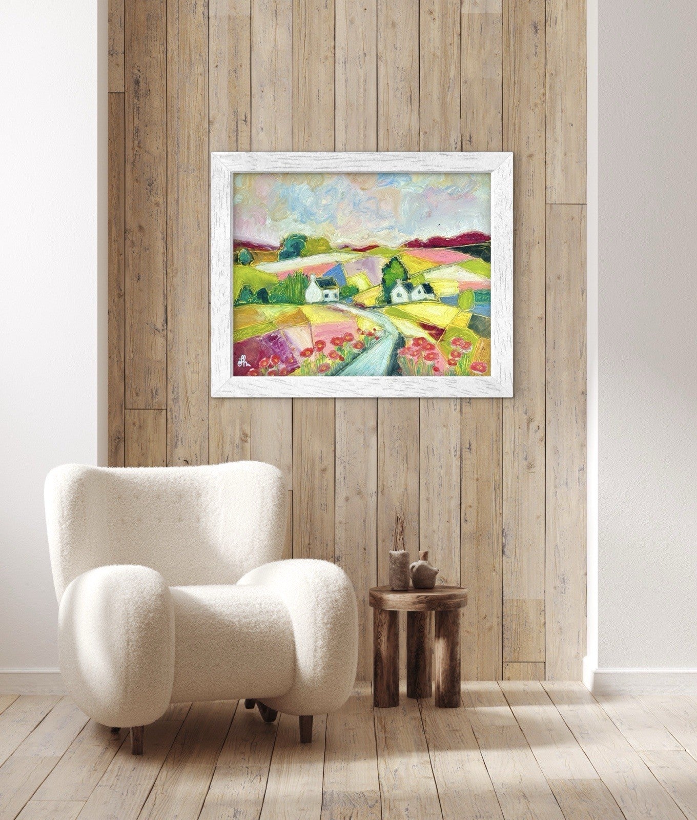 Original Oil Painting Signed on Paper Colorful Cottages Rolling Hills 11x14