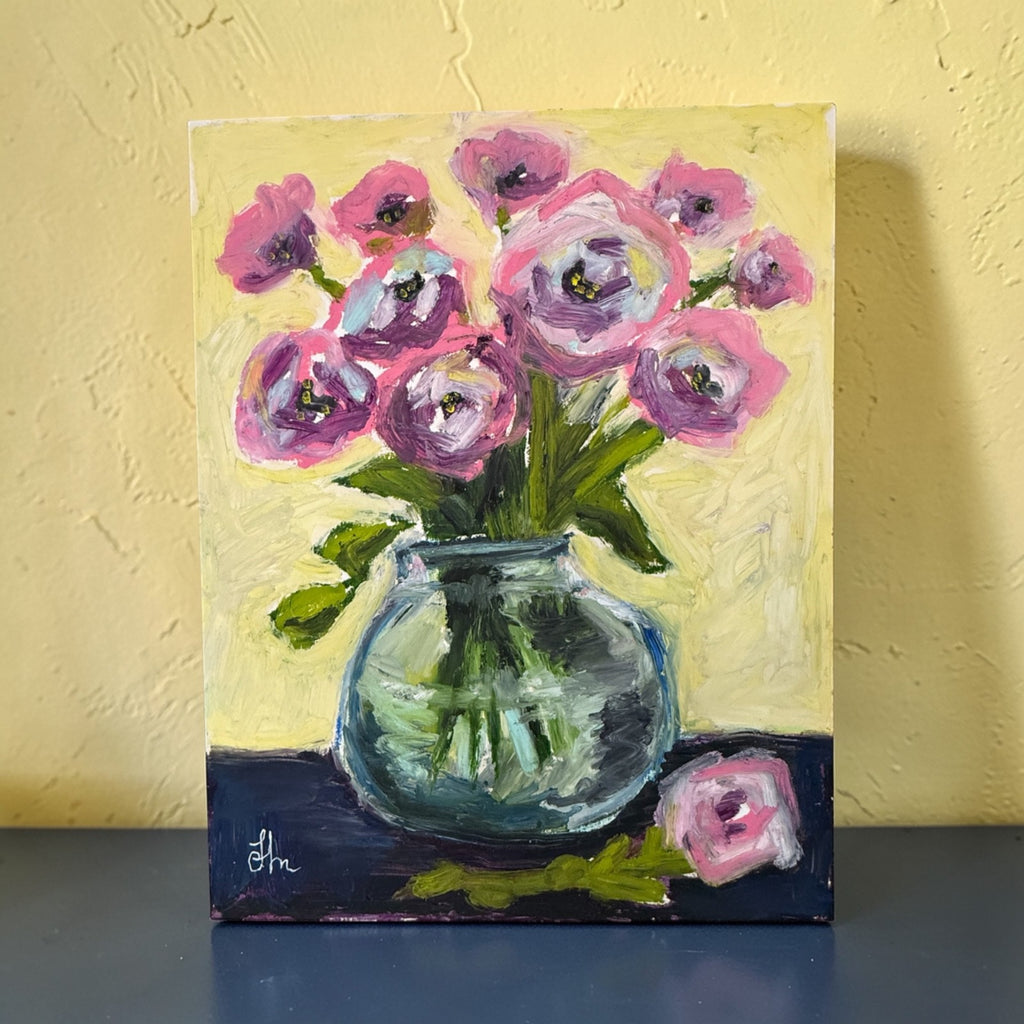 Original Pink Floral Still Life Oil Painting 11x14 Signed Vase Flowers Art
