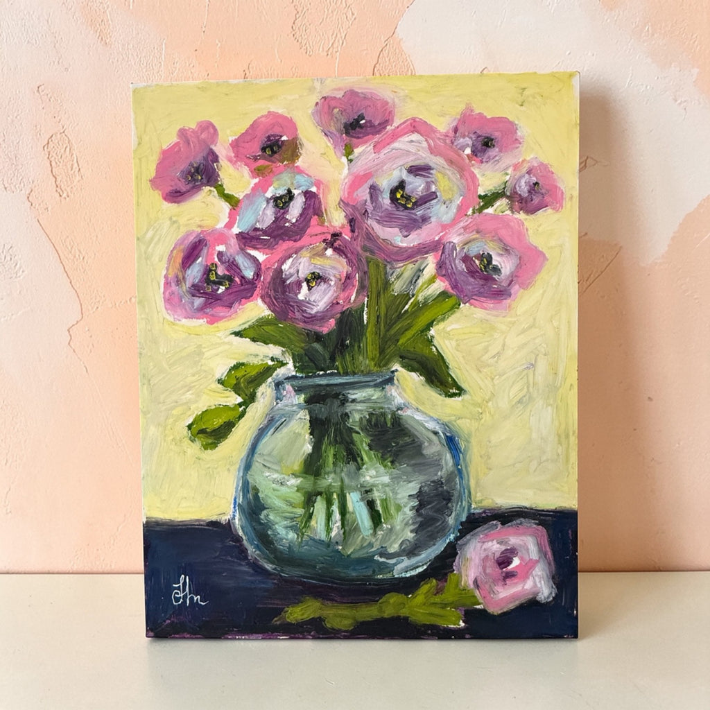 Original Pink Floral Still Life Oil Painting 11x14 Signed Vase Flowers Art
