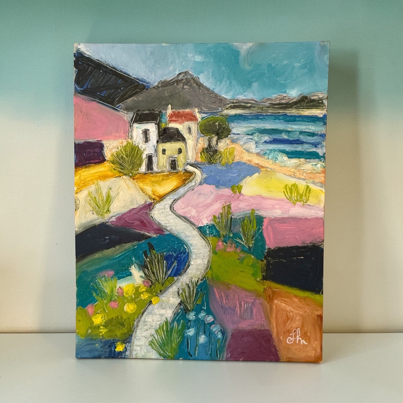 Original Oil Painting 11x14 Colorful Coastal Landscape Village Path Signed