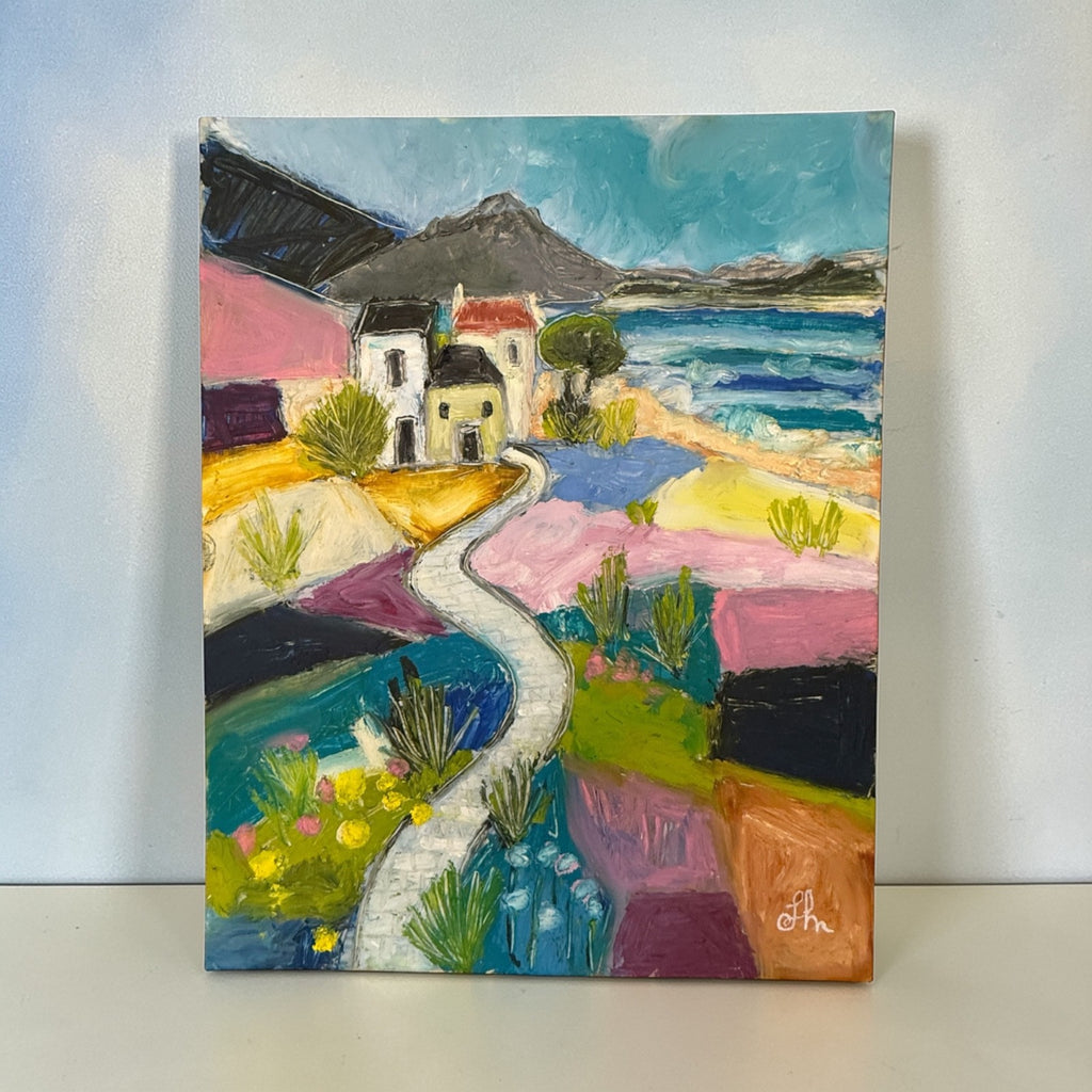 Original Oil Painting 11x14 Colorful Coastal Landscape Village Path Signed