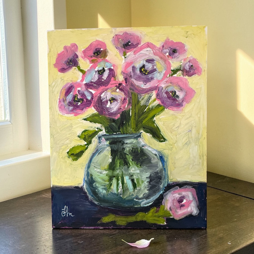 Original Pink Floral Still Life Oil Painting 11x14 Signed Vase Flowers Art