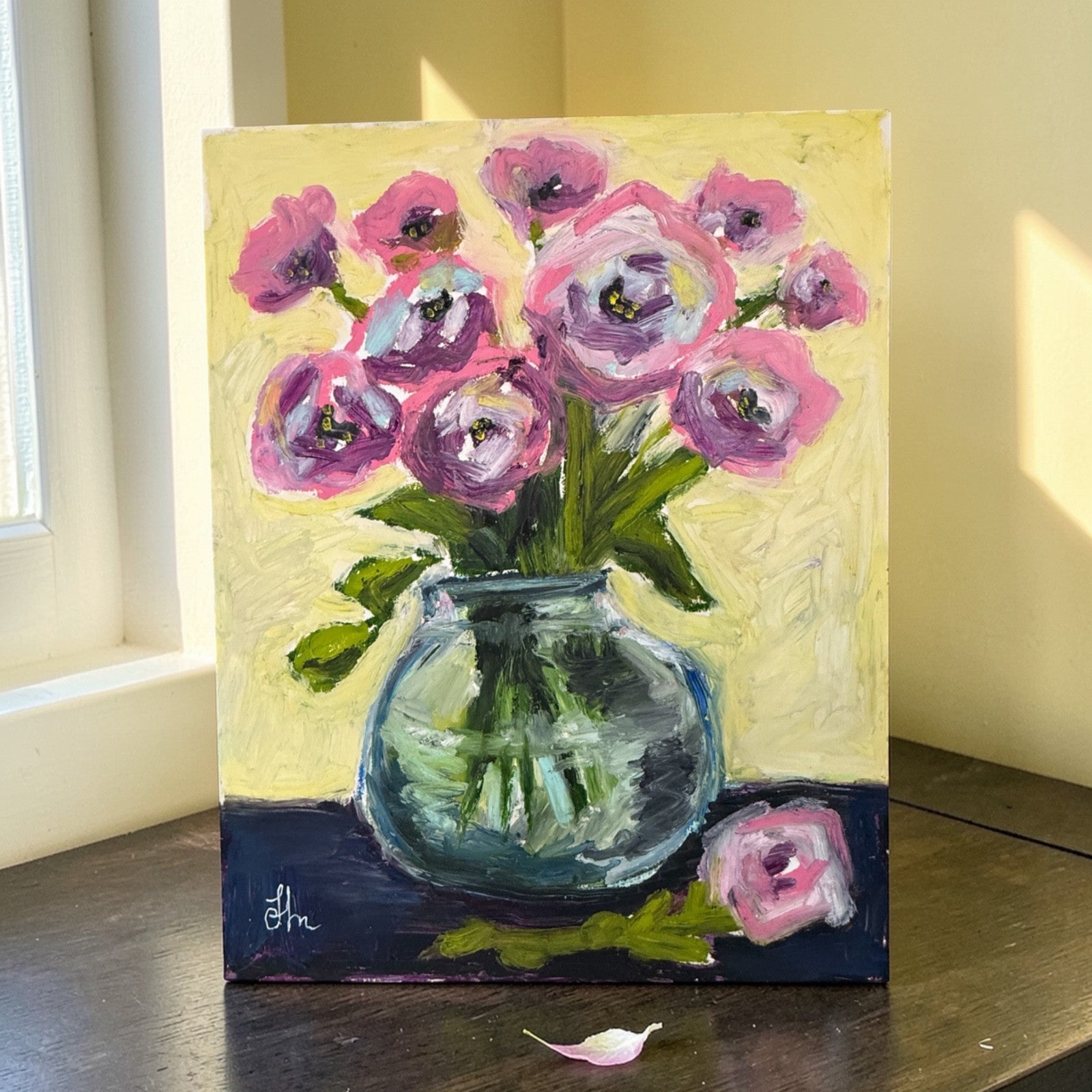 Original Pink Floral Still Life Oil Painting 11x14 Signed Vase Flowers Art