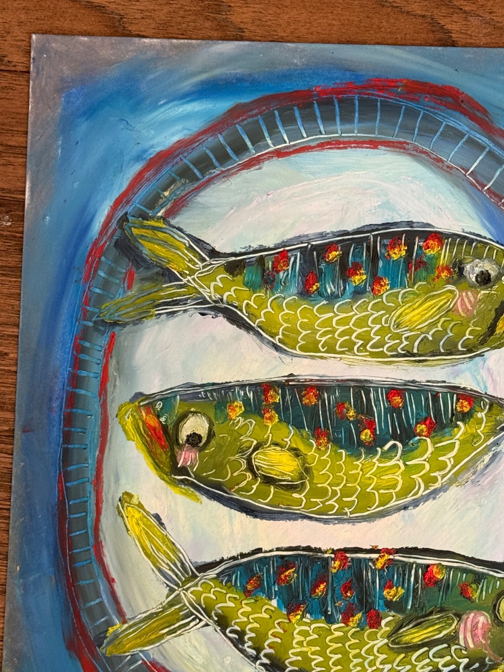 Original Oil Painting Signed  Paper Fish on a Plate Food Kitchen Cute Art 11x14
