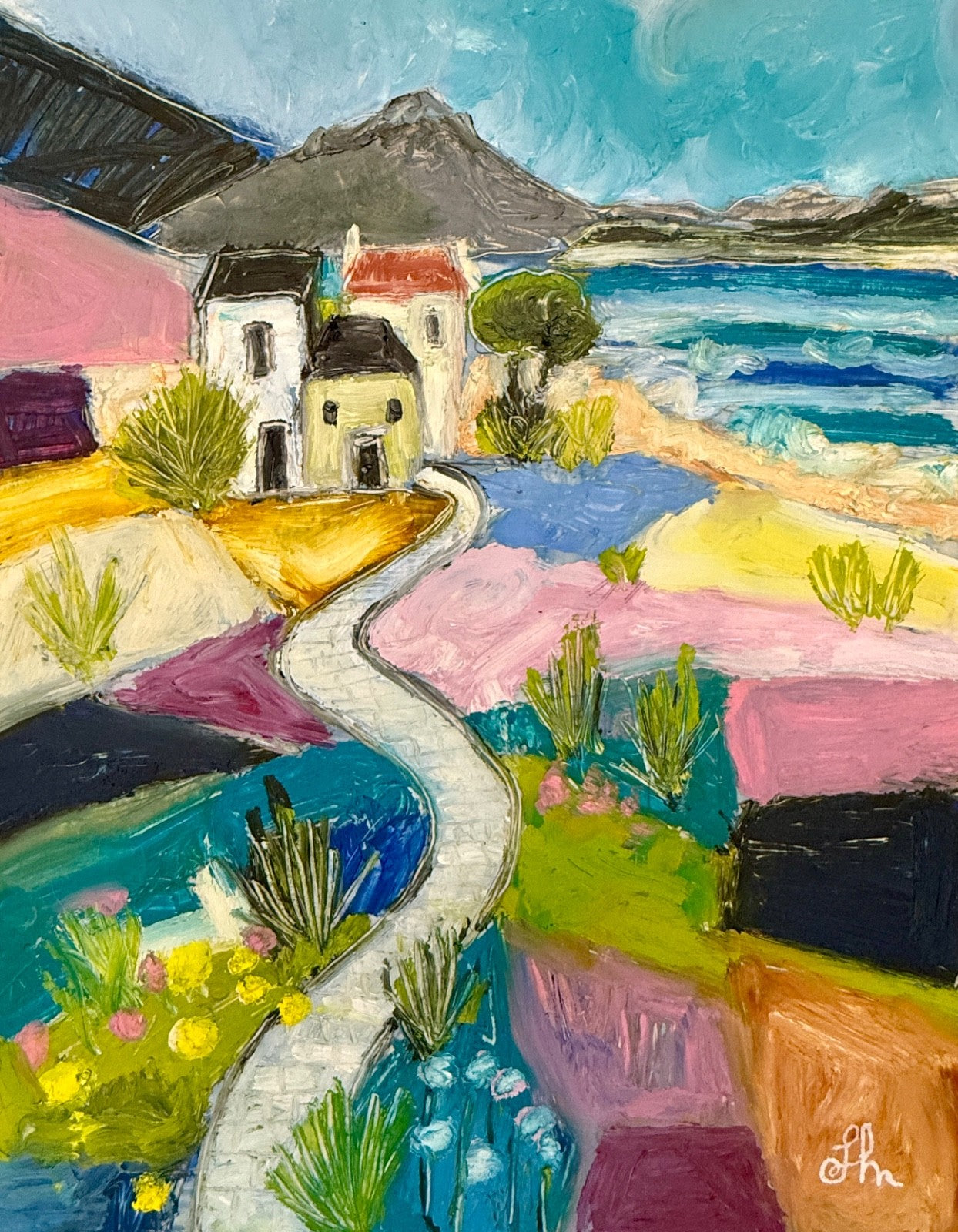 Original Oil Painting 11x14 Colorful Coastal Landscape Village Path Signed