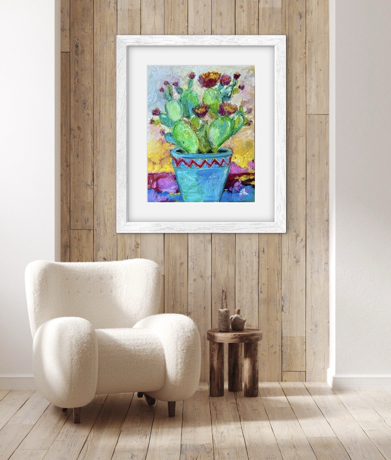 Signed Original Oil Painting on Paper Colorful Cactus Succulent in Pot  11x14"