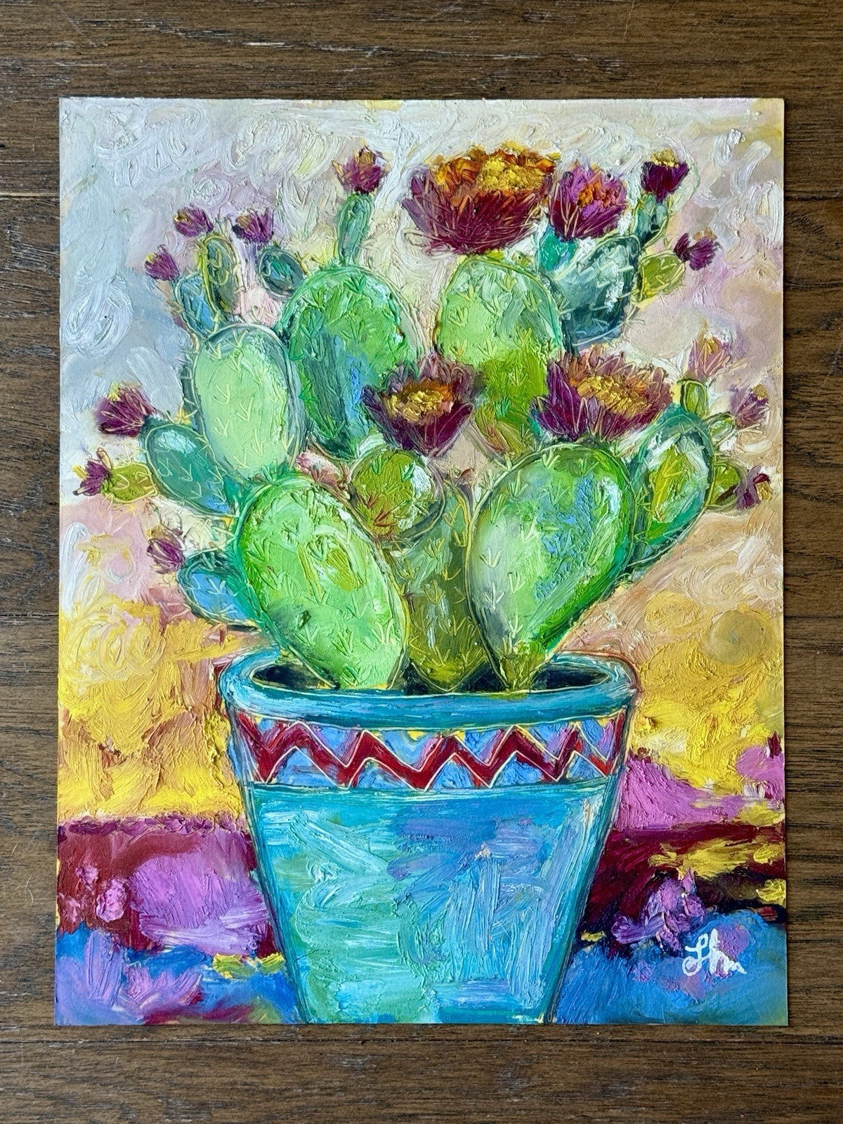 Signed Original Oil Painting on Paper Colorful Cactus Succulent in Pot  11x14"