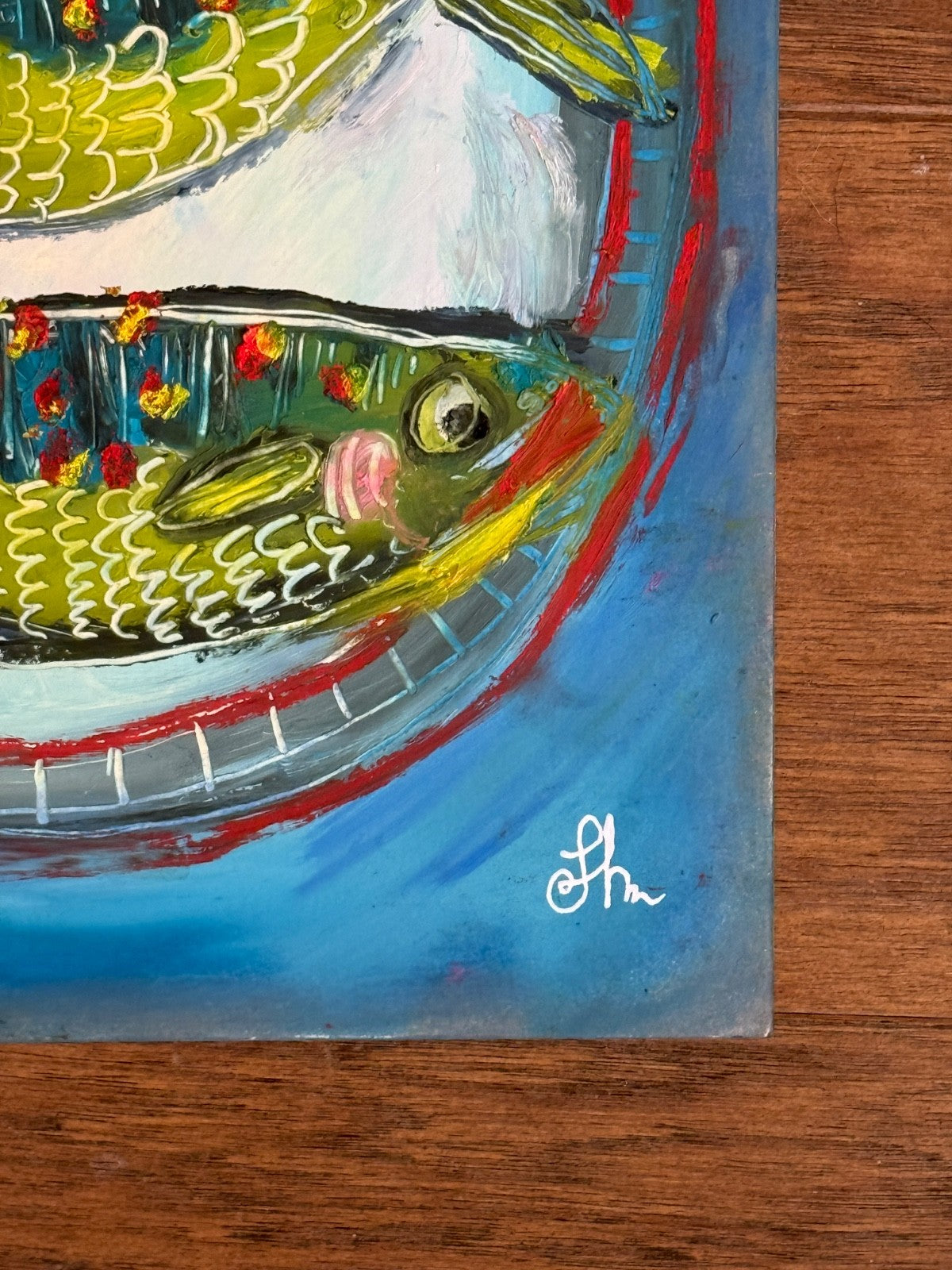 Original Oil Painting Signed  Paper Fish on a Plate Food Kitchen Cute Art 11x14