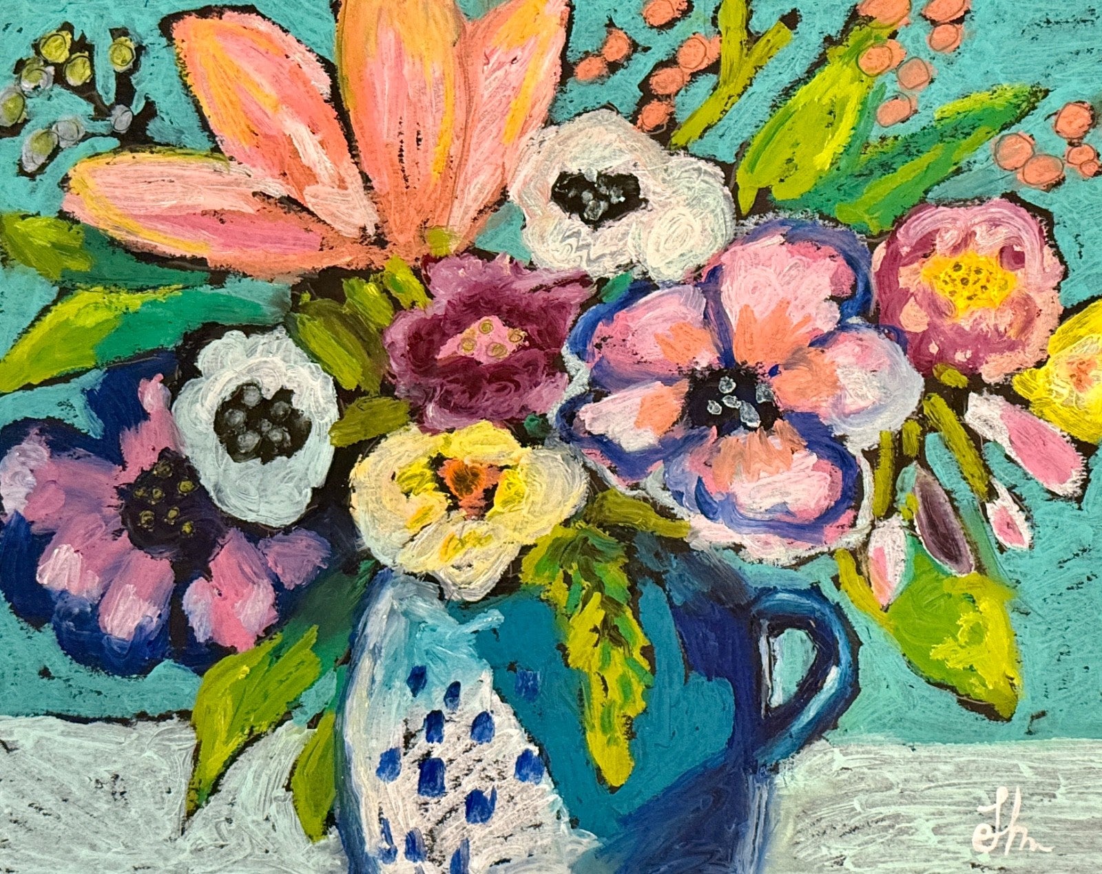 Blue Pitcher Flowers Still Life — Original Oil Painting 11x14