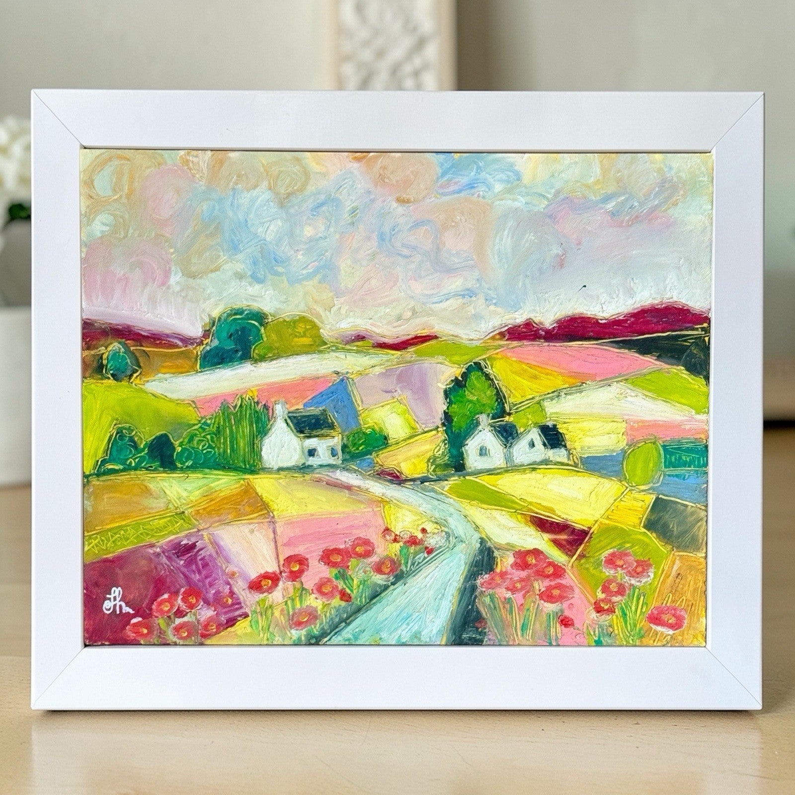 Original Oil Painting Signed on Paper Colorful Cottages Rolling Hills 11x14