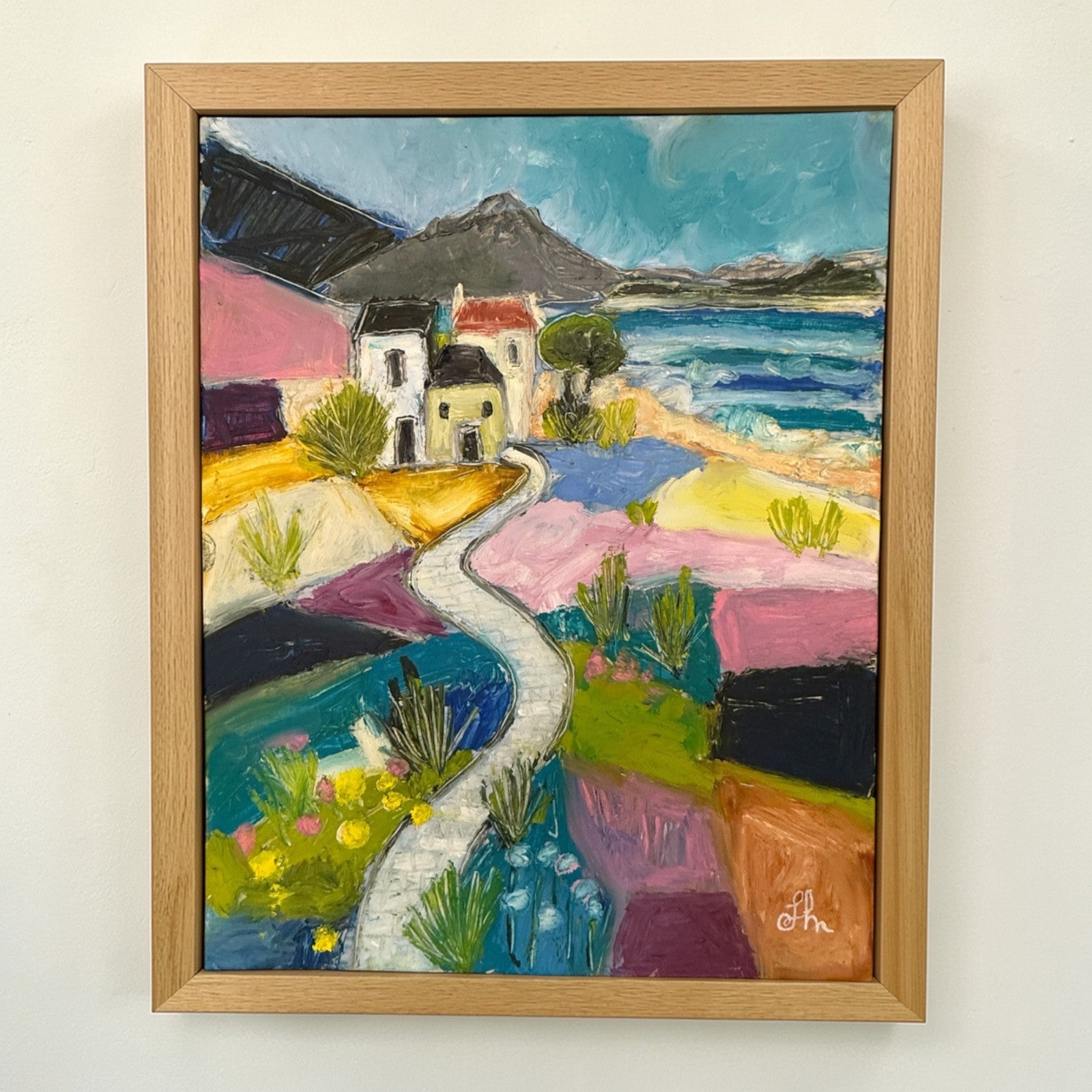 Original Oil Painting 11x14 Colorful Coastal Landscape Village Path Signed