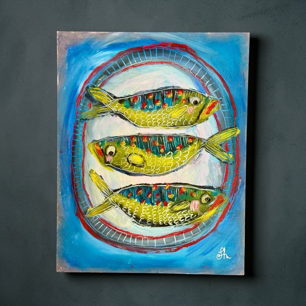 Original Oil Painting Signed  Paper Fish on a Plate Food Kitchen Cute Art 11x14