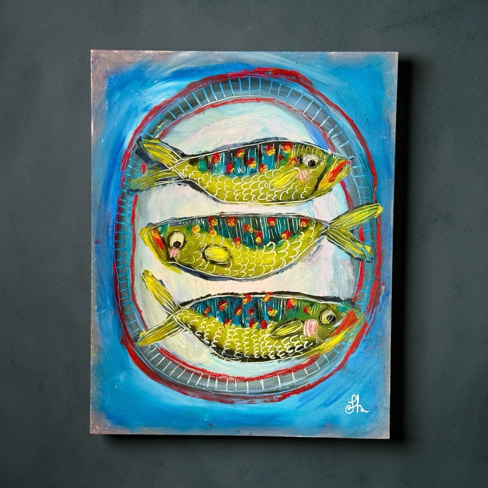 Original Oil Painting Signed  Paper Fish on a Plate Food Kitchen Cute Art 11x14