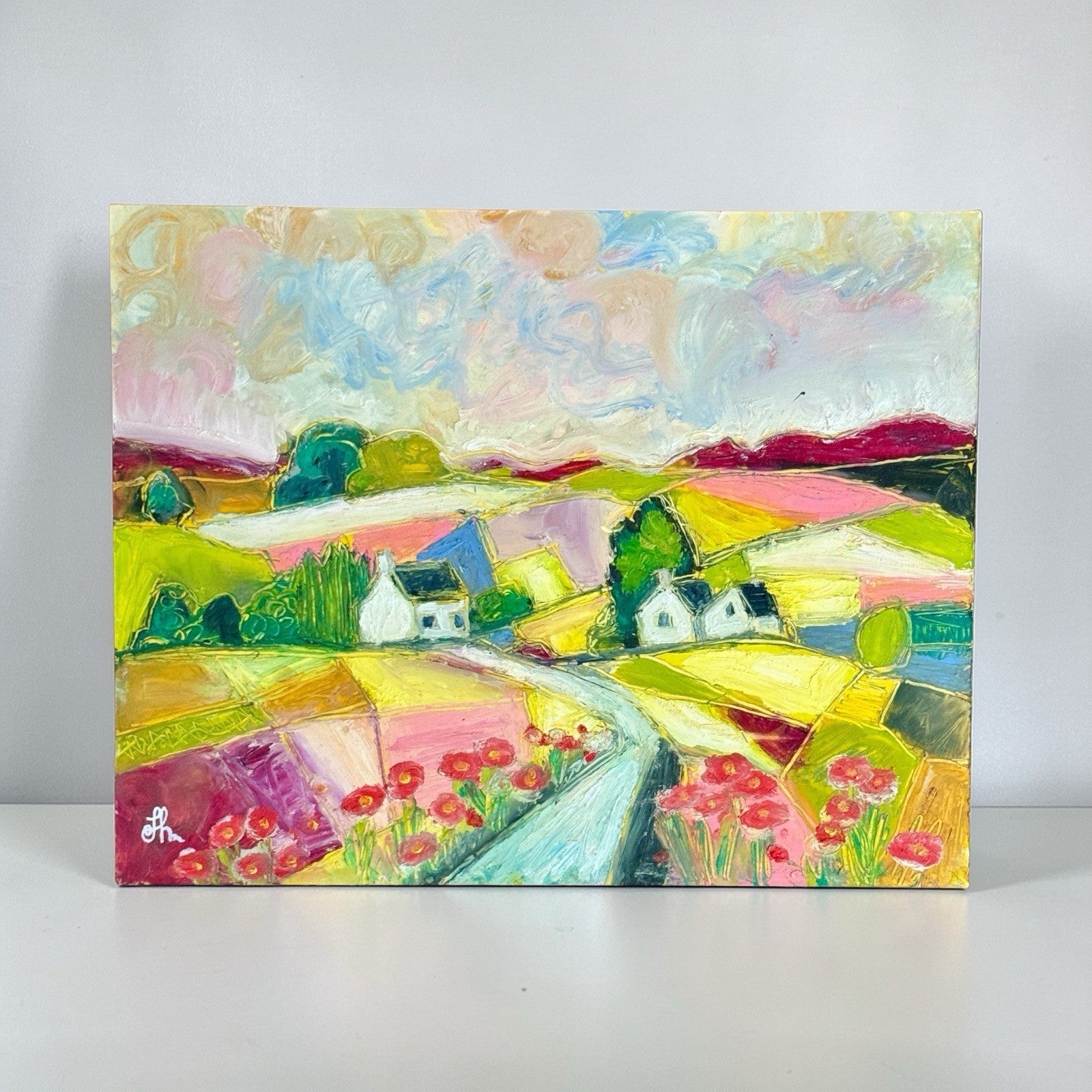 Original Oil Painting Signed on Paper Colorful Cottages Rolling Hills 11x14