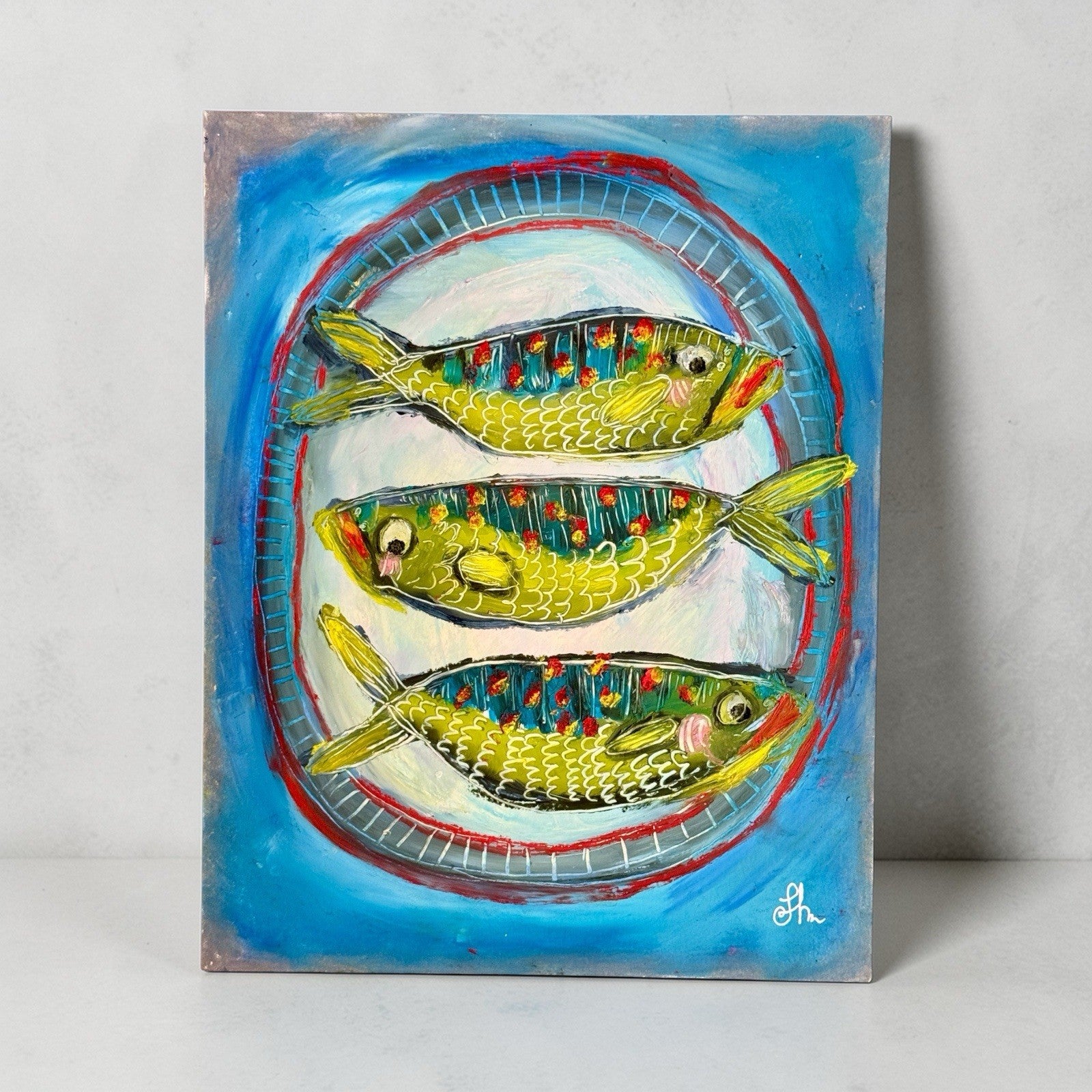 Original Oil Painting Signed  Paper Fish on a Plate Food Kitchen Cute Art 11x14